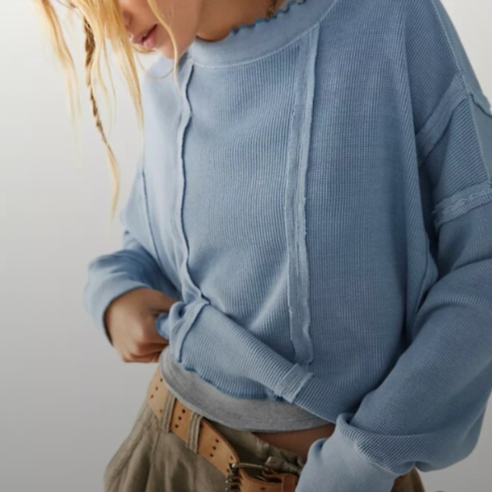 Free People Sky Blue Waffle Knit Pullover Top